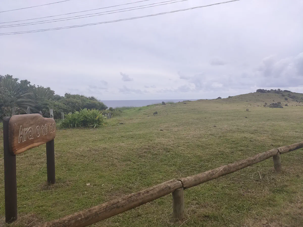 「Ara o te Ao」と書かれた木製看板と広大な草原